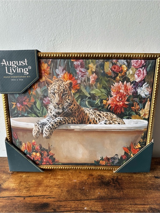 August Living Other - Leopard in Bathtub with Floral Background Wall Art Decor Gold Studded Frame NWT